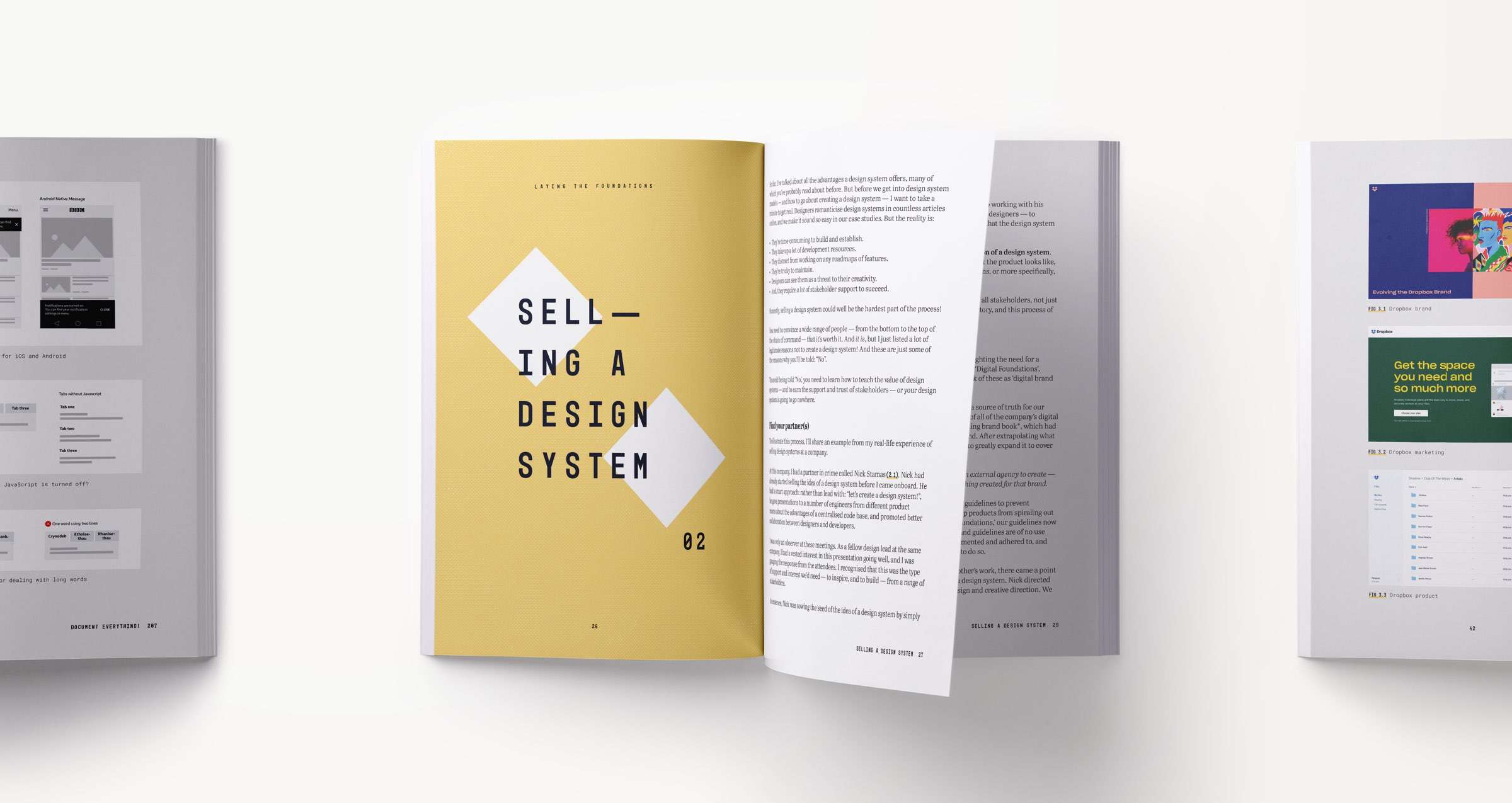 A design systems book spread showing content related to selling a design system at your company and within your design team and organisation