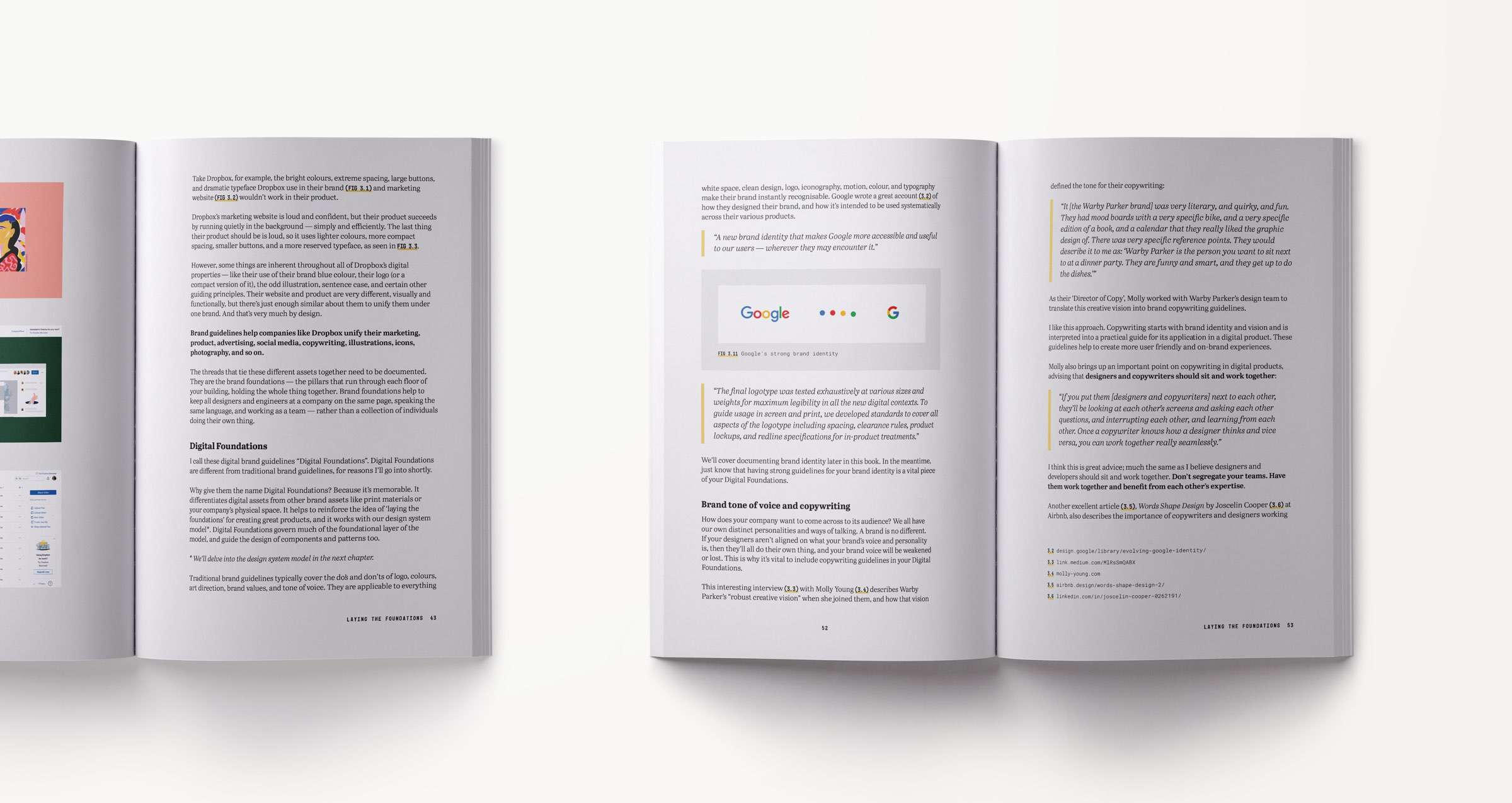 A design systems book spread showing content related to creating digital brand guidelines including brand tone of voice and copywriting